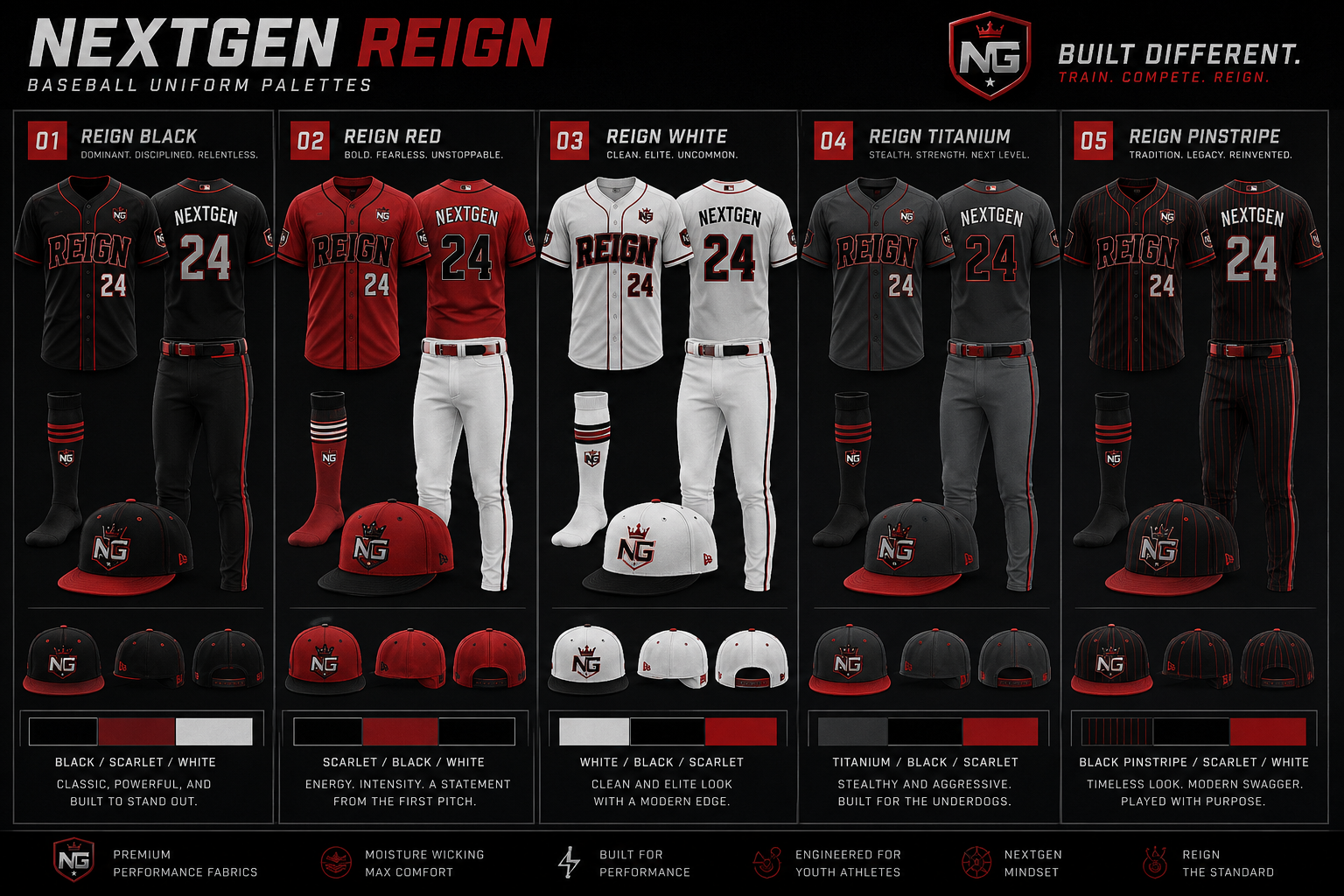 NextGen Reign uniform palette — 5 colorways